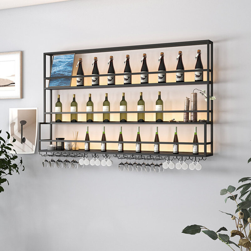 Hängende Wein regal Wand LED-Lichter schwarz Regal Nachtclub Restaurant dekorative Weins chrank Eisen Szafka Bar Möbel