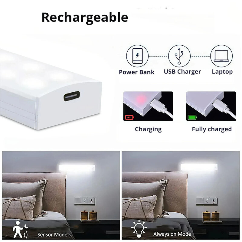 Sensor de movimento LED Night Light, Luz do armário sem fio, USB recarregável, Lâmpada de armário, Sob retroiluminação para cozinha