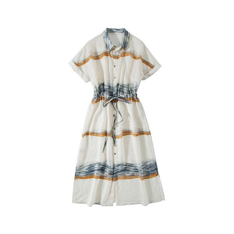 우아한 라펠 프린트 줄무늬 셔링 붕대 셔츠, 원피스 여성 의류, 루즈한 오피스 레이디 반팔 원피스, 2024 여름 신상