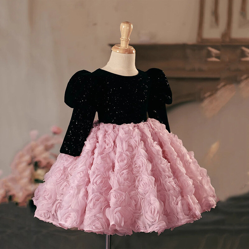 Winter Girl's Pink Black Floral Lace Knee-Length Party Dress for Birthday Ceremonies Wedding Party Princess Ball Gown Size 1-14