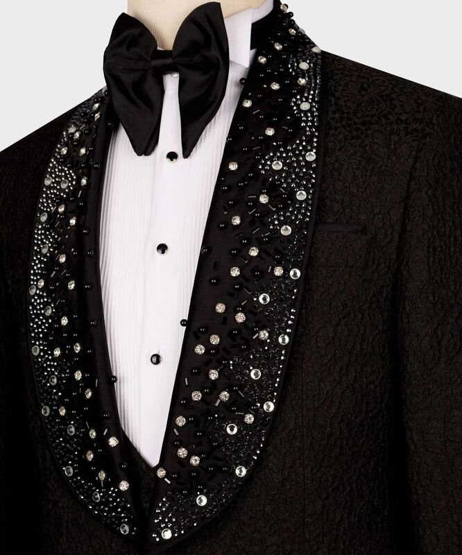 Black Jacquard Men Suits Set 2 Piece Blazer+Pants Luxury Crystals Custom Made Jacket Groom Wedding Tuxedo Party Prom Dress Coat