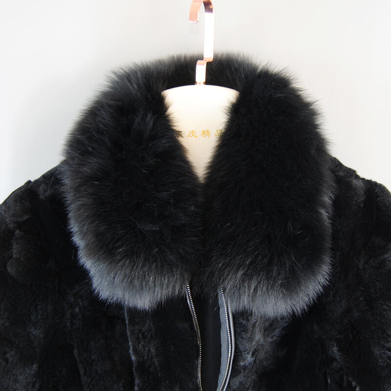 Abrigo de piel de conejo Rex 100% Natural para mujer, chaqueta gruesa y cálida con cuello de piel de zorro de calidad, moda de invierno, novedad