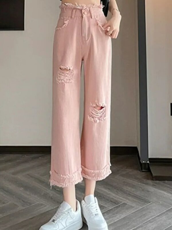 2023 Spring/Summer Korean Edition New Solid Color Perforated Straight Leg Jeans High Waist 9-point Wide Leg Pant Trend