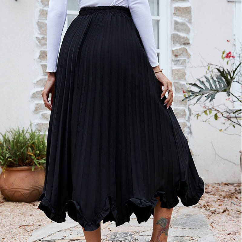 Women's Dress Solid Color Temperament Ruffle Edge A-line Pleated Loose Half Dress Women Long Skirt