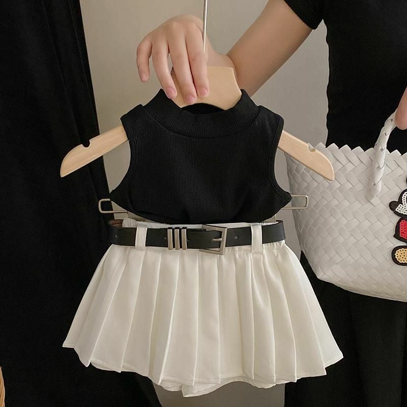 Летняя одежда для девочек, комплект корейского Западного жилета для девочек, футболка, плиссированная юбка, комплект детской одежды из двух предметов