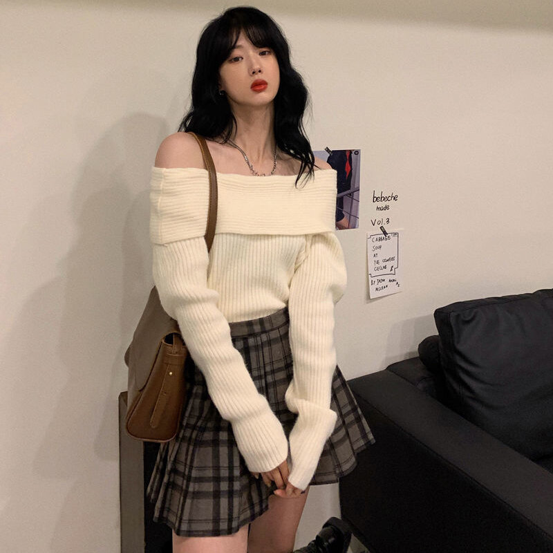 Lucyever Slash Hals Gebreide Trui Vrouwen Sexy Off Shoulder Lange Mouw Pullovers Vrouwelijke Koreaanse Elegante Dikken Slanke Truien Top