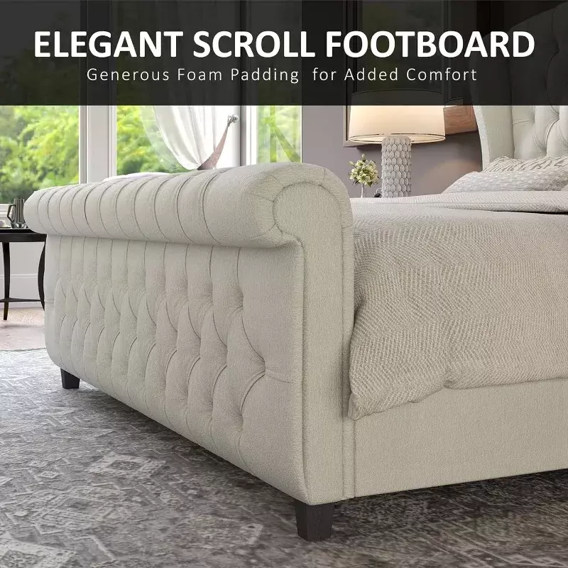 Queen Size Platform Bed Frame, Chenille Gestoffeerde Slee Bed Met Scroll Wingback Hoofdeinde & Treeplank/Knop Getuft