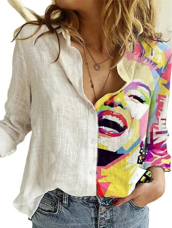 Женская винтажная блузка на пуговицах, свободная повседневная офисная блузка с мультяшным принтом в стиле пэчворк, весна-лето
