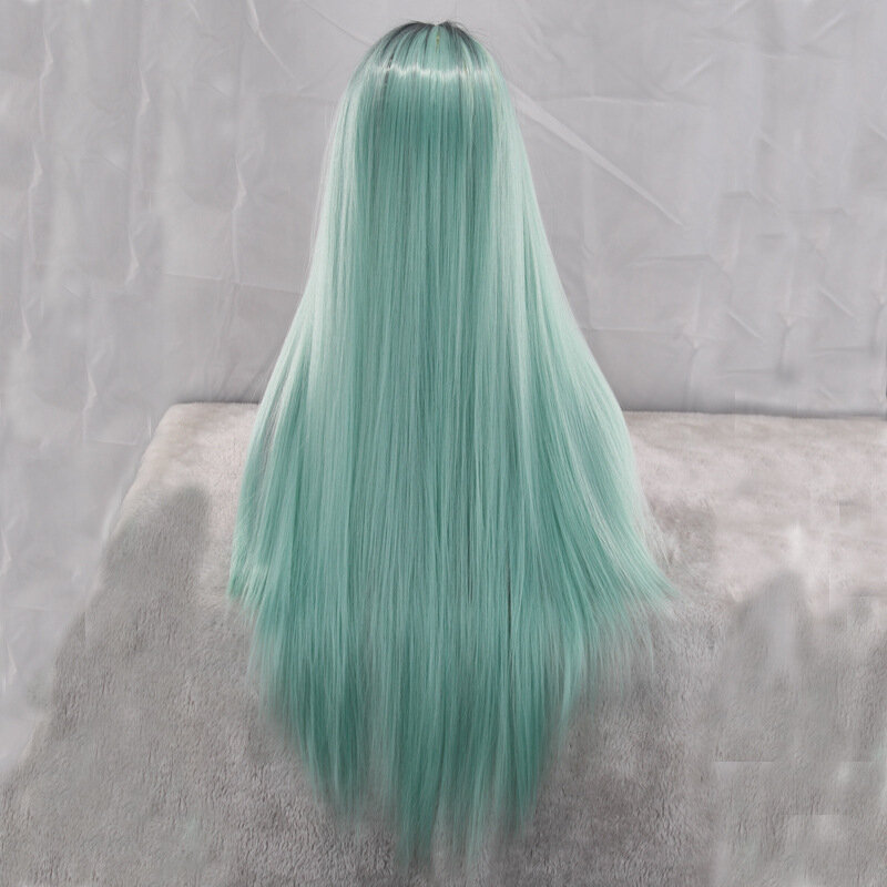 Wig hijau Mint lurus untuk wanita, Wig tahan temperatur tinggi hijau segar 28 inci yang dapat dicelup dan dijalin