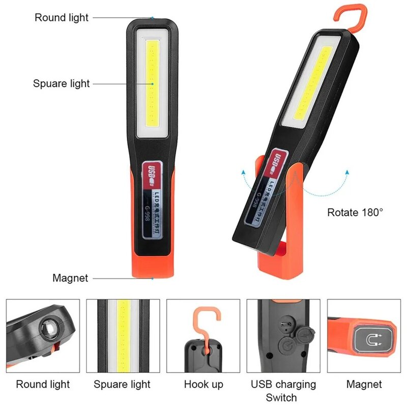 Luz de trabajo LED COB, linterna portátil recargable, lámpara magnética de garaje con gancho, linterna portátil para senderismo