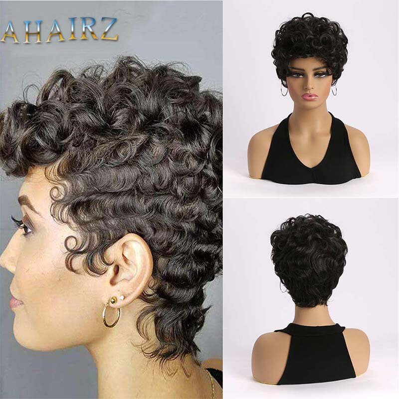 Parrucche sintetiche corte ricci nere Pixie Cut Remy parrucche brasiliane per capelli per le donne Afro crespi ricci uso quotidiano capelli finti