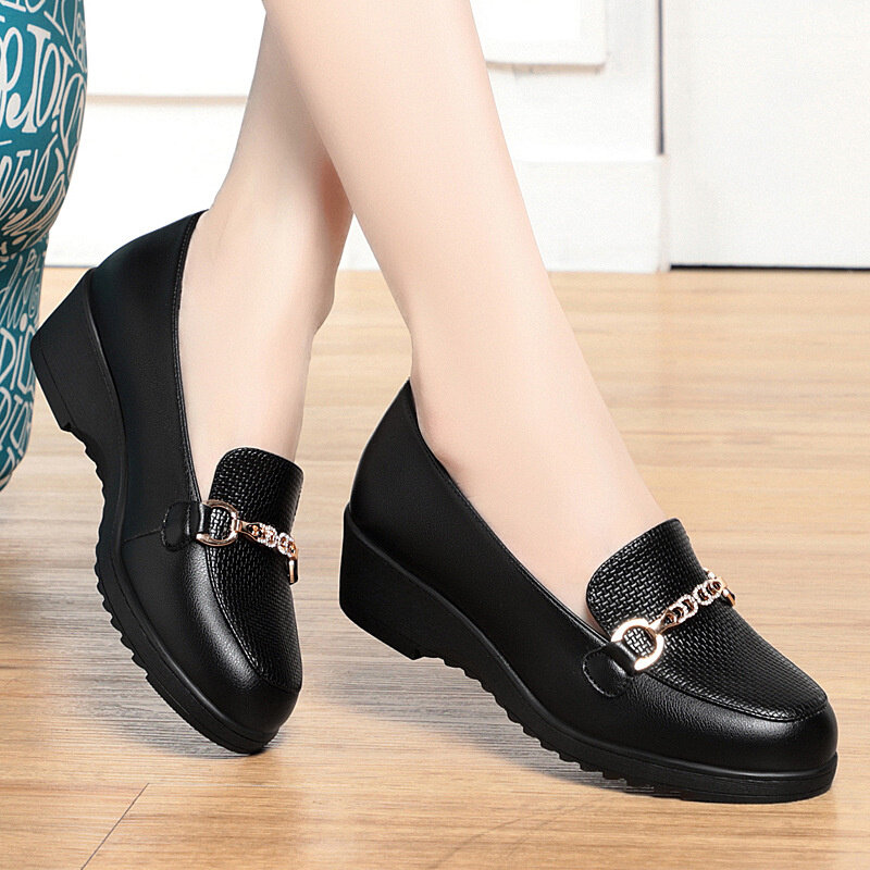 Spring Summer Women Loafers Flat Shoes Height Increasing Black Footwear Slip-on Moccasins Casual Wedge Soft Leather Shoes
