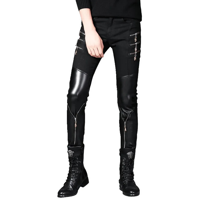 Męskie koreańska chuda wydajność gotyckie spodnie jeansowe skórzane patchworkowe z kilkoma zamkami ołówek czarny kolor
