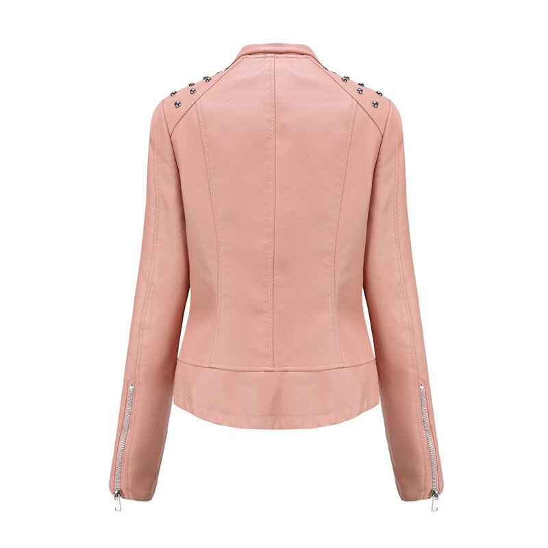핑크 라펠 긴 소매 PU 자켓 여성용, 슬림 피트 오토바이 코트, 여성 패션 캐주얼 가죽 자켓, 여성 겉옷
