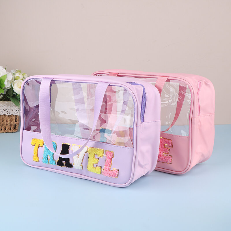 Clear TRAVEL Makeup Bags With Chenille Letter STUFF Patches Large Clear Make Up Bag Zipper Pouch With Handle