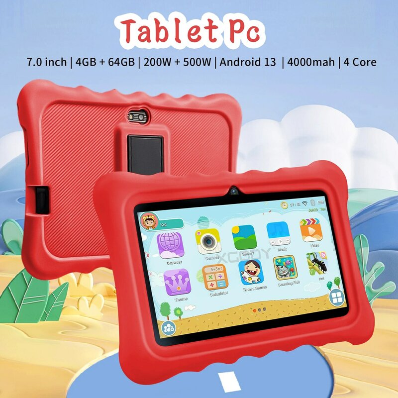 Tablet Quad Core infantil, 5G, WiFi, Android 12, 4GB de RAM, 64GB ROM, câmeras duplas, 7 ", novo