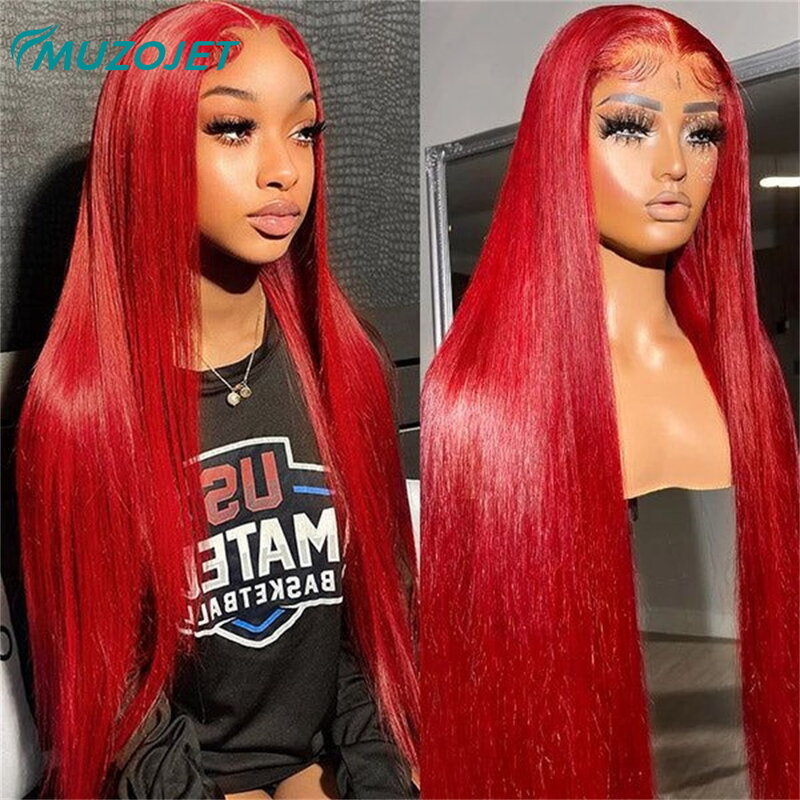 Wig garis depan renda transparan 13x4 HD merah populer wig rambut manusia renda depan warna merah Brasil untuk wig renda Remy wanita