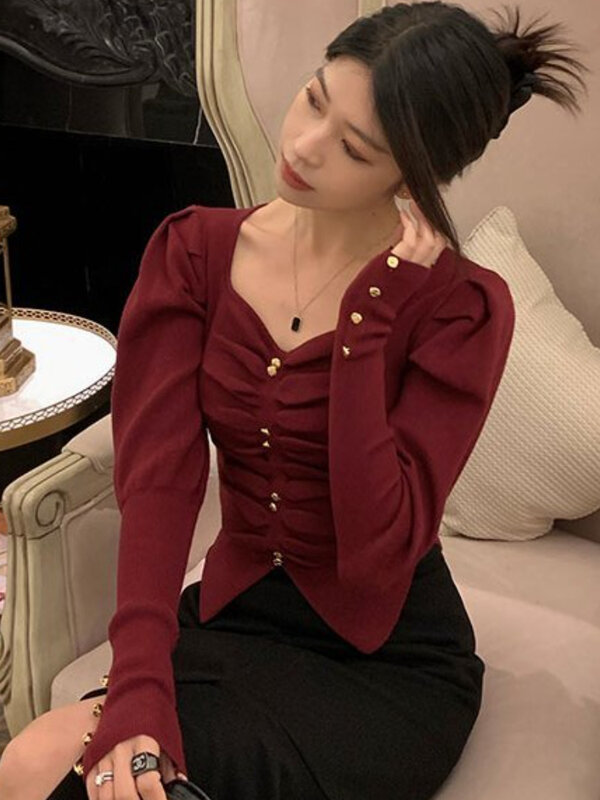 Square Collar Pullovers Women Irregular Elegant Spring Casual Knitting Aesthetic Female Korean Style Simple All-match Holiday