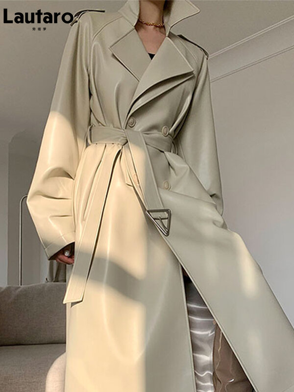 Lautaro lente herfst lange faux lederen trenchcoat voor vrouwen riem dubbele rij knopen luxe elegante mode 2022