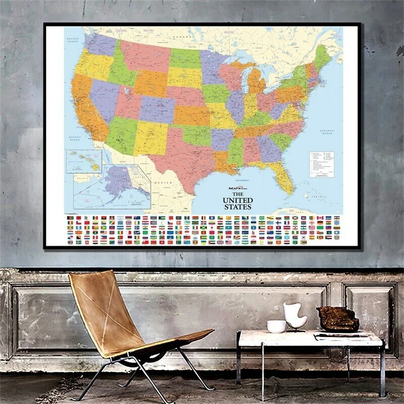 150x100cm Włókninowa mapa Stanów Zjednoczonych z flagami kraju Szczegółowo mapa amerykańska do kultury i edukacji Prezenty podróżne