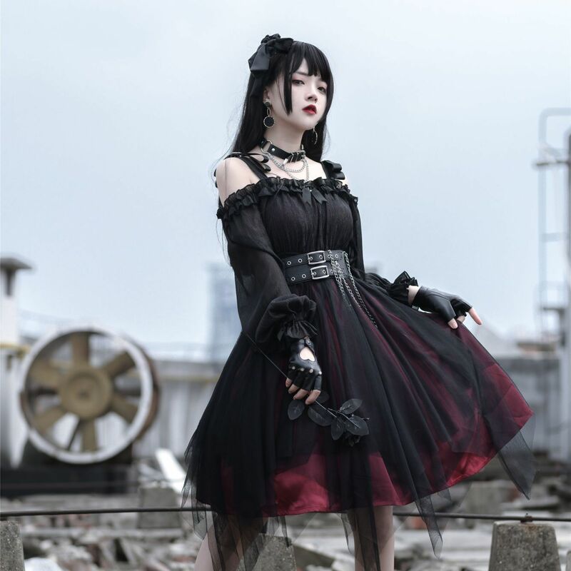 Abito Vintage gotico Lolita vittoriano Harajuku Girly Killer abito a rete irregolare Cosplay donna Kawaii abiti da festa a maniche lunghe