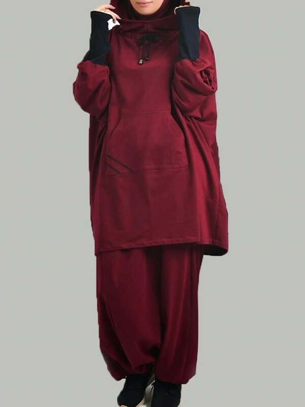 Moda muçulmana Pullover Com Calças Outfits Senhora do escritório Nova Primavera Batwing Sleeve Top Suit Mulheres Elegantes Cor Sólida Conjuntos Terno