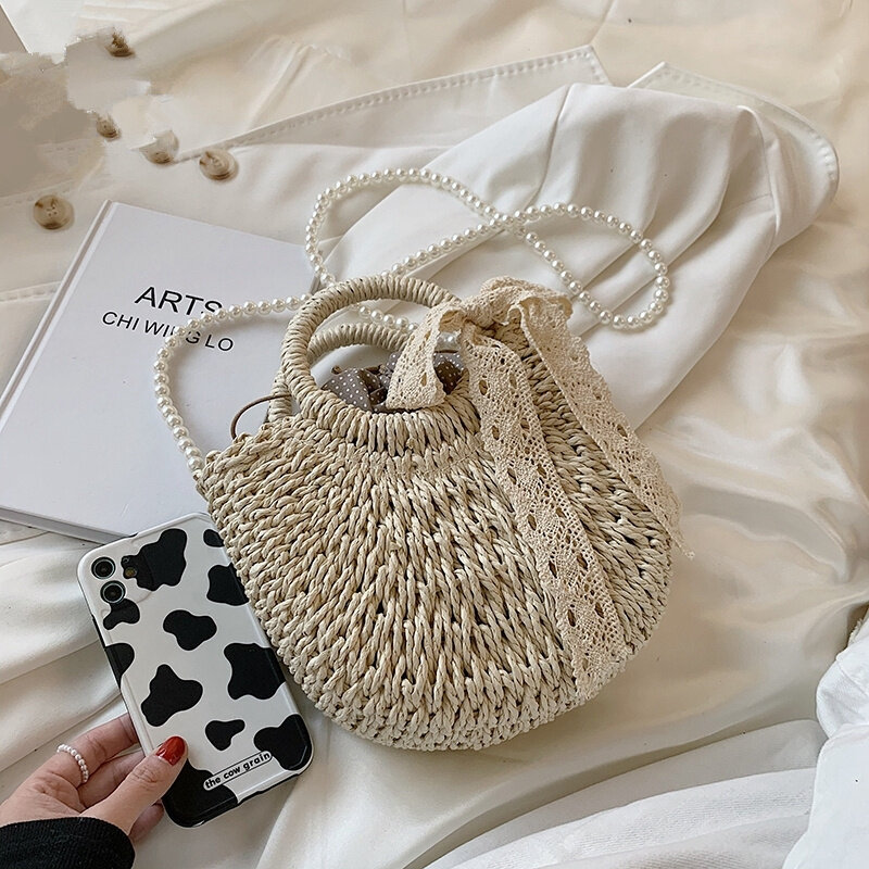 CAREY KEY Fashion Pearl Chain paglia borse a tracolla da donna mezza rotonda borsa in Rattan 2021 estate boemia borsa da viaggio da spiaggia
