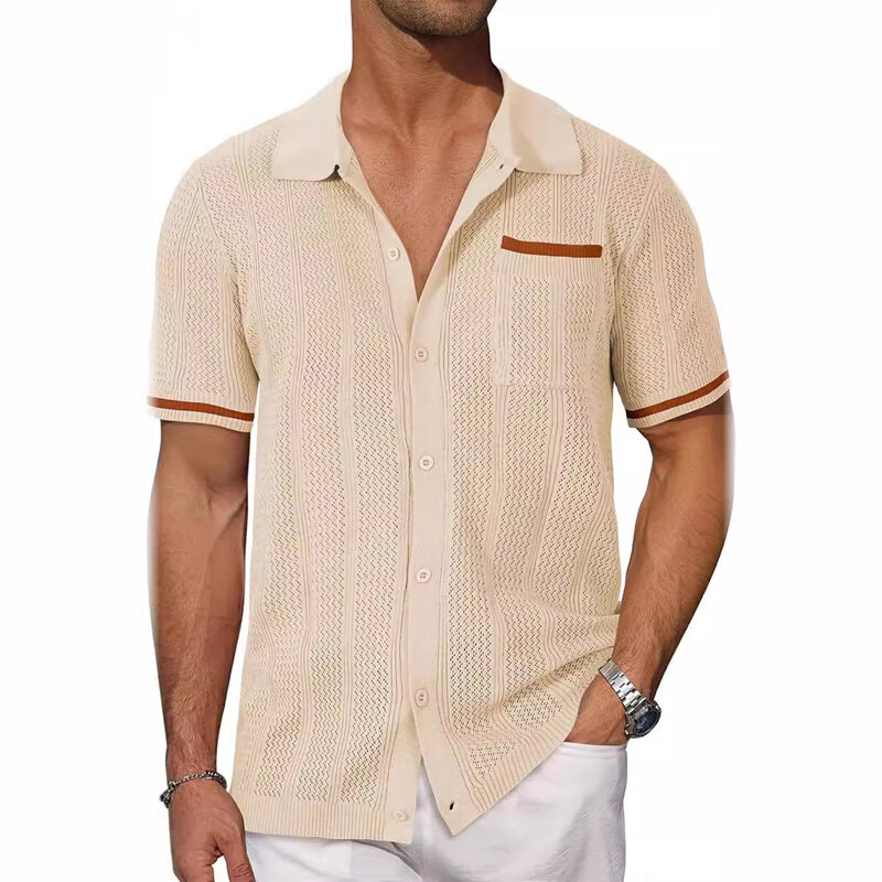 Polo en tricot à manches courtes pour hommes, chemise évidée, chemise boutonnée vintage des années 70, chemise de plage de vacances décontractée, rose