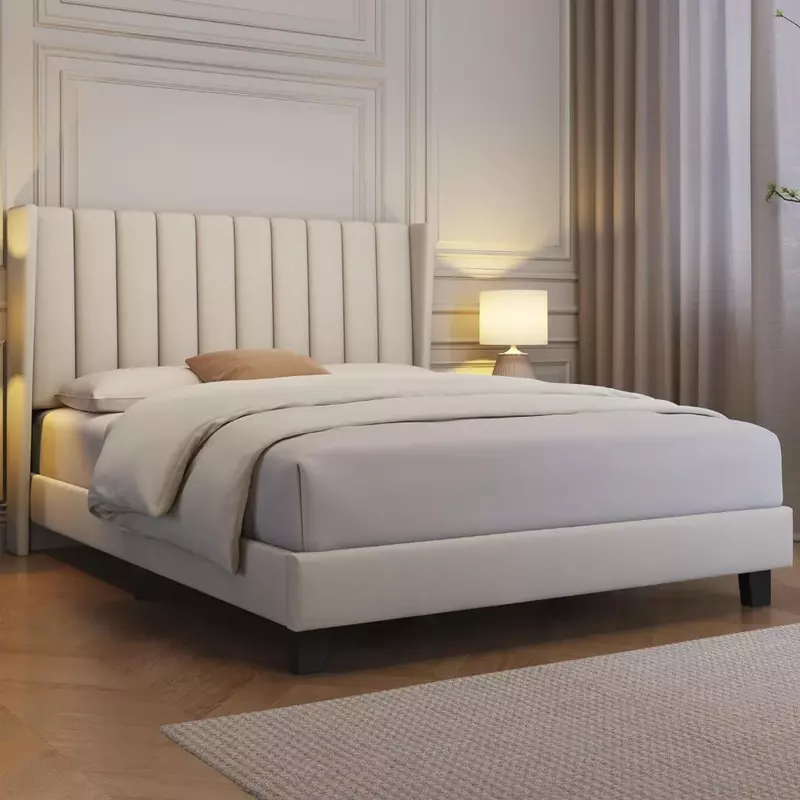 Marco de cama de plataforma tapizada con cabecero de tela, diseño de borde de ala, antideslizante y listones, Bases de cama completas, color Beige