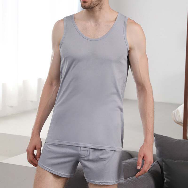 Set Piyama Pria Musim Panas Rompi Tanpa Lengan Katun Tipis Pria Celana Pendek Pakaian Tidur Pakaian Santai Pakaian Rumah