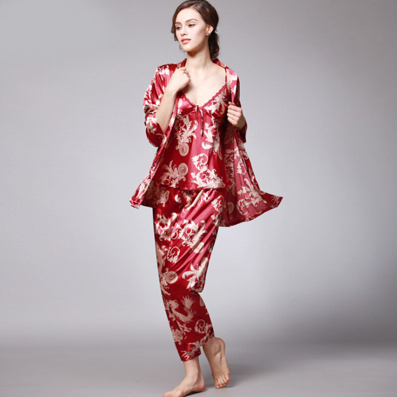 女性のシルクサテンパジャマセット3個の花絹のようなpjセットパジャマキャミナイトウェアローブとパンツ