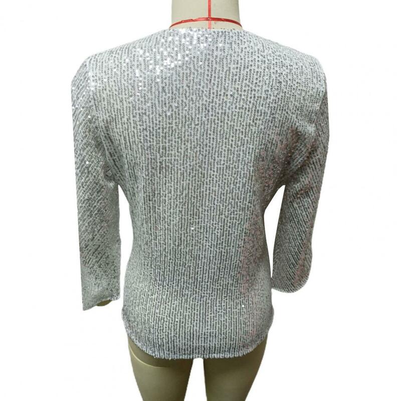 Sparkly Top Sequin Hollow Out V Neck Blouse for Women Three Quarter Sleeve Soft Breathable Pullover Shiny Prom Top for Lady