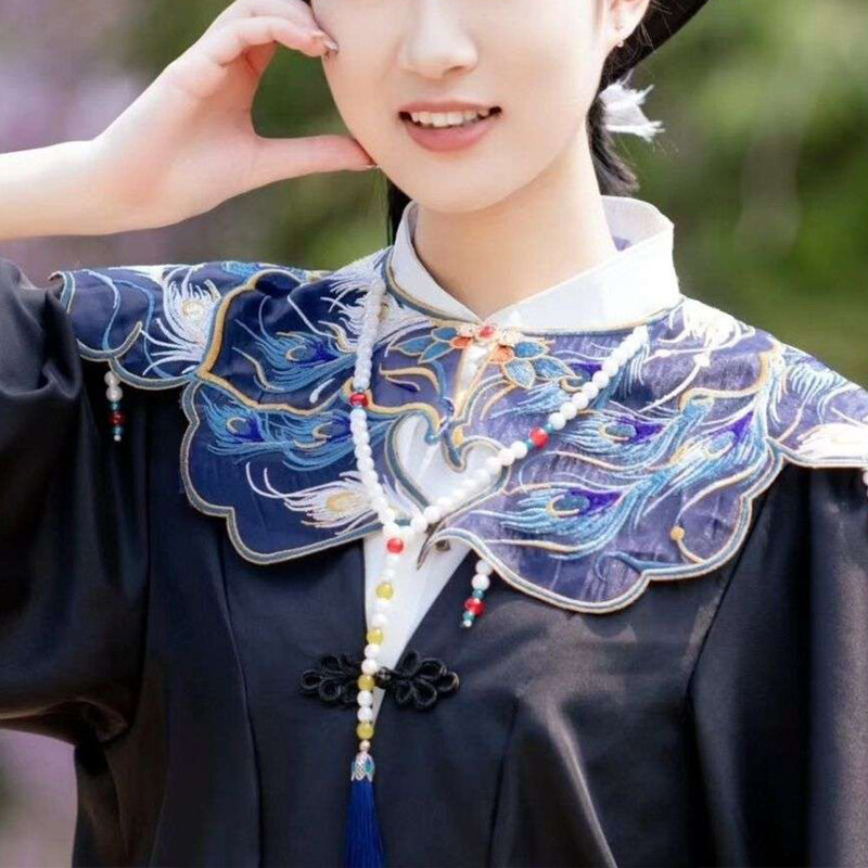Hanfu Style Decorative Fake Collar Shawl Wrap Hollow Out Embroidery Sunflower Leaves Lace Necklace Vintage Short Poncho Capele