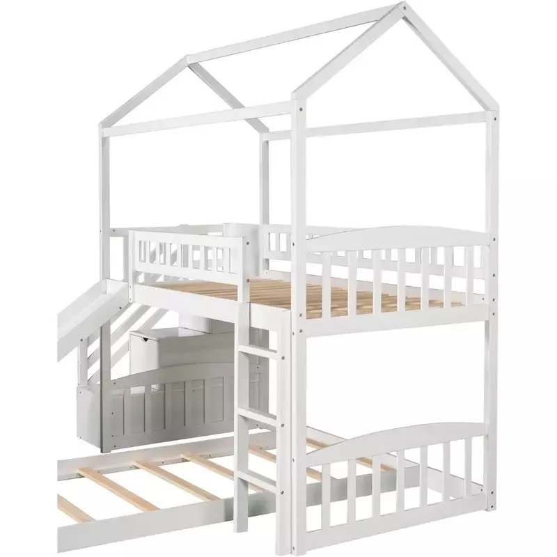 Rama łóżka piętrowego z dwiema szufladami, zjeżdżalnią, schodami i poręczami, biała, rama łóżka z litego drewna ze schodami i poręczą dla dzieci
