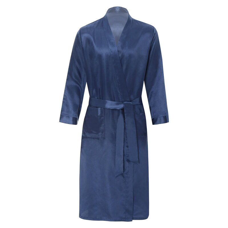 Męski jedwabisty satynowy szlafrok bielizna nocna z długim rękawem otwarty przód z paskiem w talii boczne kieszenie Kimono średni szlafrok piżama Homewear
