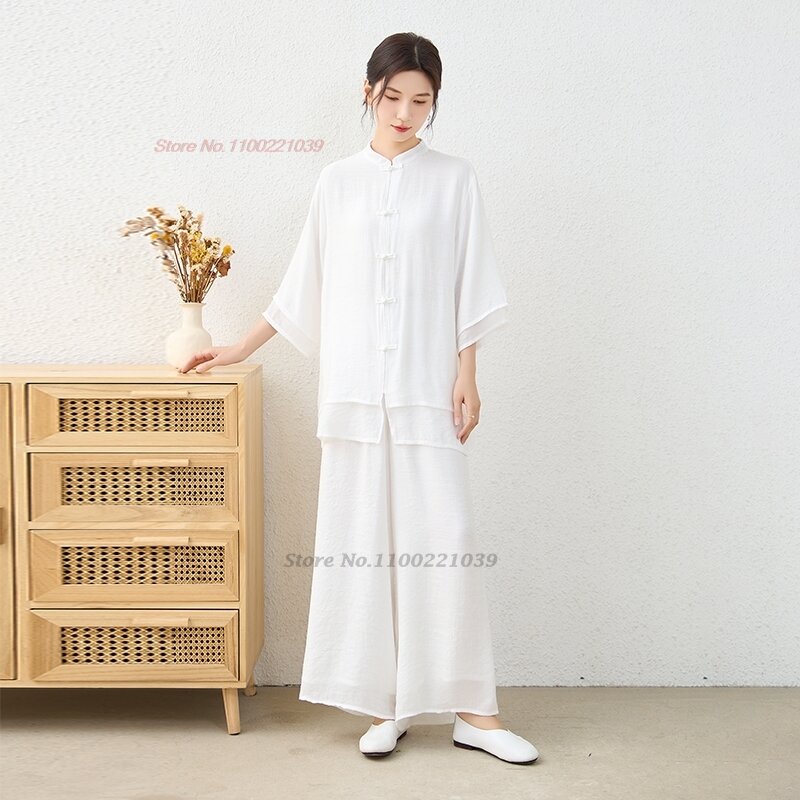 2024 traditional chinese vintage set retro tea service meditation hanfu outdoor walking breathable cotton linen tops+pants set