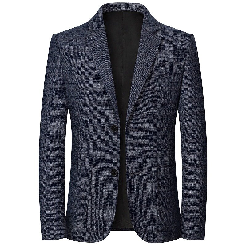 HOO 2023 남성용 캐주얼 정장 재킷, 비 다림질 격자 무늬 더블 버클 블레이저, 가을 신상