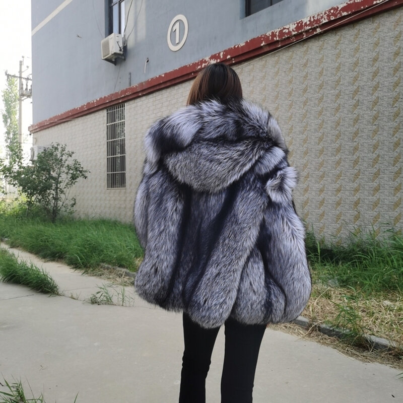 2023 Fashion Natural Silver Fox Fur Coat Vest Women  With Hood 100% Whole Skin Fur Winter Thick Soft Warm Fox Fur Jacket