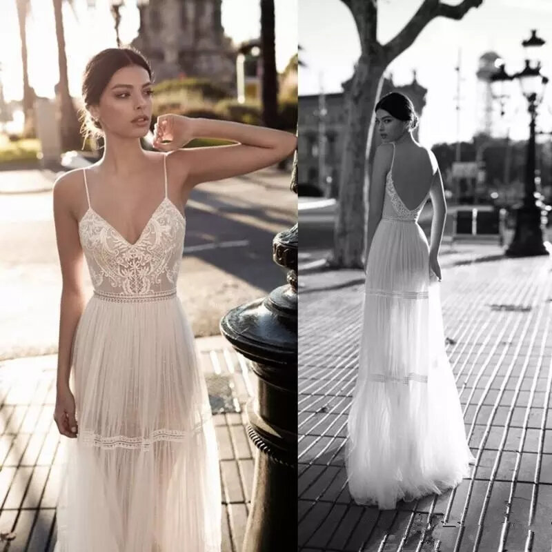 Boho A-line V-neck  Lace Applique Berta Wedding Dress Beach Spaghetti Straps Illusion Backless Vestido De Novia robe de mariée