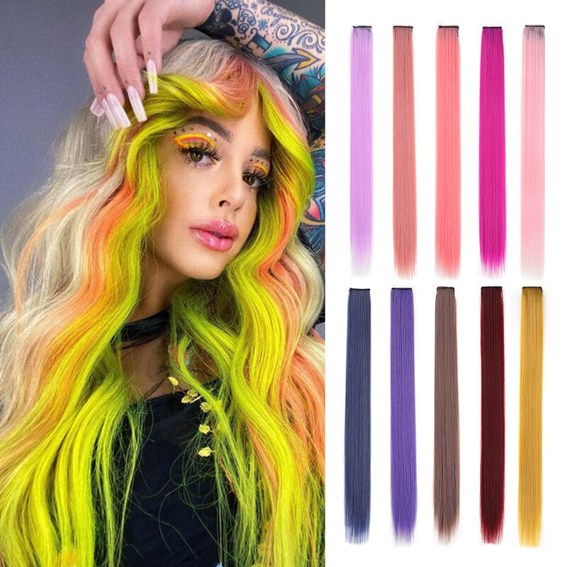 Syntetyczne kolorowe doczepiane włosy 24-calowe tęczowe długie proste treski klipsy w Halloween Cosplay element ubioru