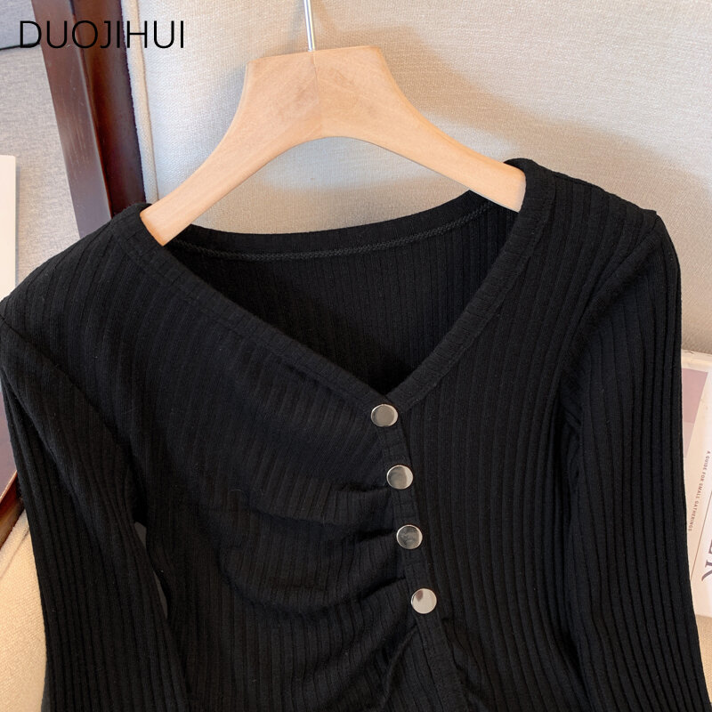 DUOJIHUI Autumn Sweet V-neck Chicly Irregular Female Pullovers New Slim Basic Pure Color Fashion Simple Knitting Women Pullovers