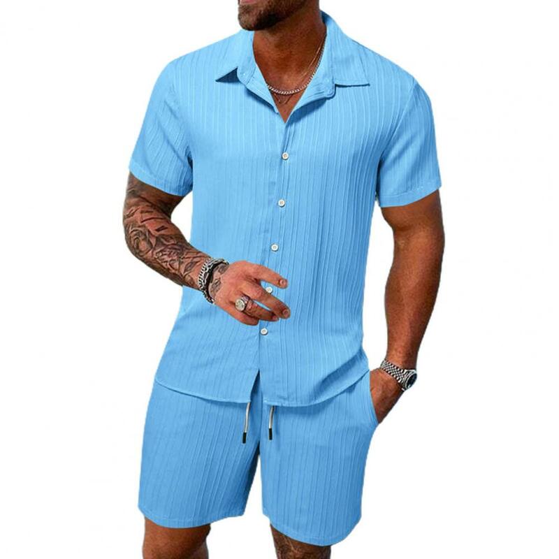 Terno casual de duas peças masculino, camisa de lapela com cintura de cordão, conjunto de shorts de cor sólida, confortável para verão