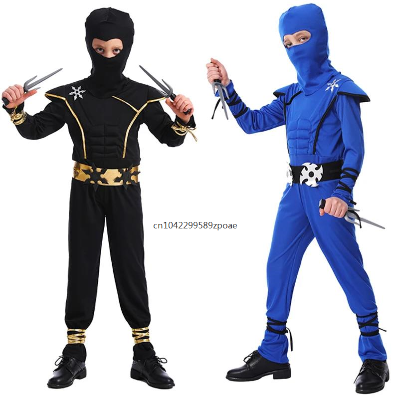 Fantasia de ninja infantil, Kungfu azul e preto Halloween Dress Up, Deluxe Muscle, roupas de festa de aniversário, meninos