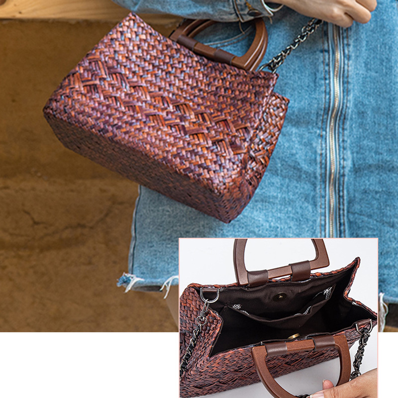 حقيبة منسوجة من القش محمولة باليد بمقبض خشبي ، حقيبة يد للشاطئ ، رعوية صيفية ، نسخة كورية نسائية