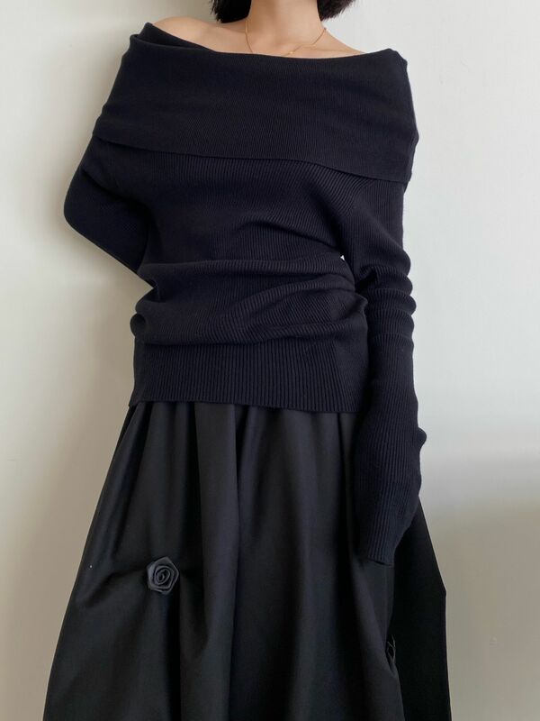 Sweater rajut bahu terbuka wanita, atasan rajut polos elegan Vintage, regang tinggi musim gugur untuk C-038