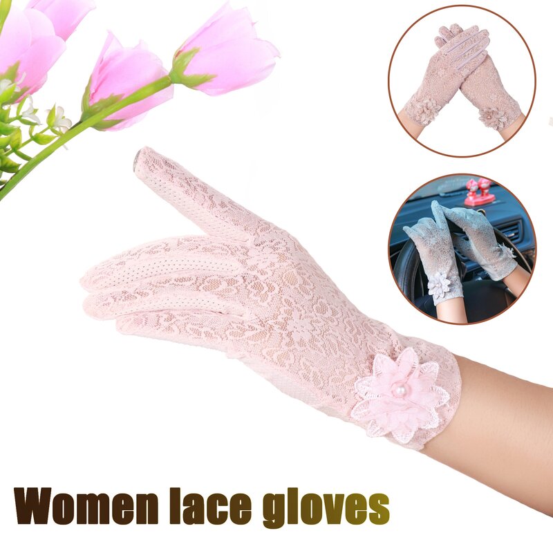 Rimiut-guantes de encaje con flores para mujer, manoplas transpirables para decoración de bodas o conducir, guantes de camarero para pantalla táctil