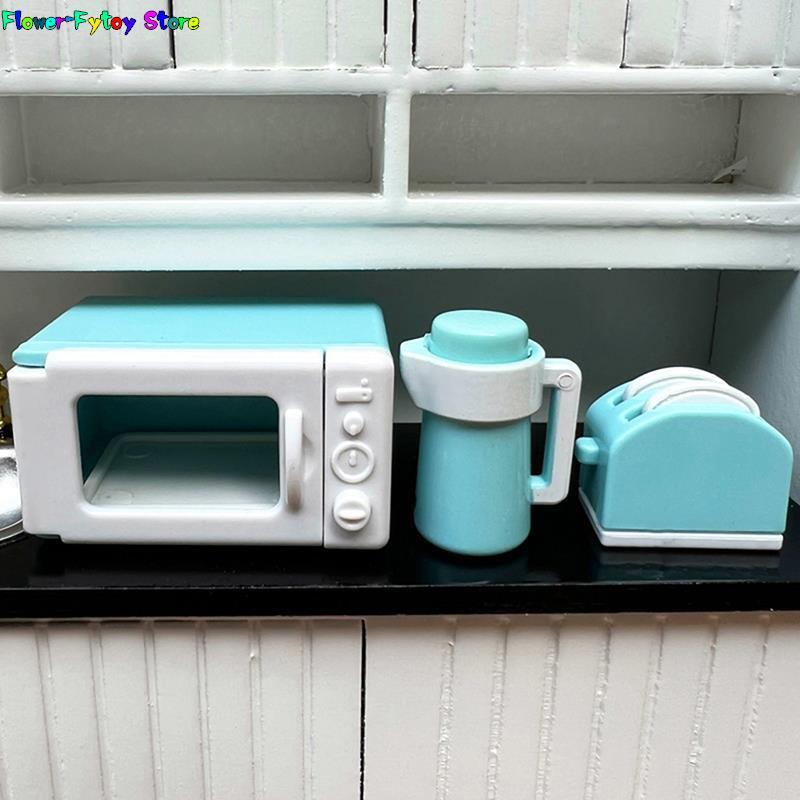 Mini horno microondas para casa de muñecas, juego de hervidor de pan, utensilios de cocina, juguetes, accesorios, nuevo, 1:12, 3 piezas por juego