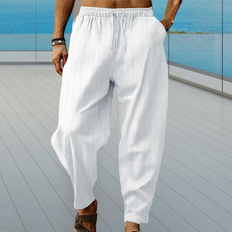 Брюки мужские полосатые с широкими штанинами, спортивные мягкие дышащие свободные штаны со средней талией, с эластичным поясом и глубоким шаговым швом
