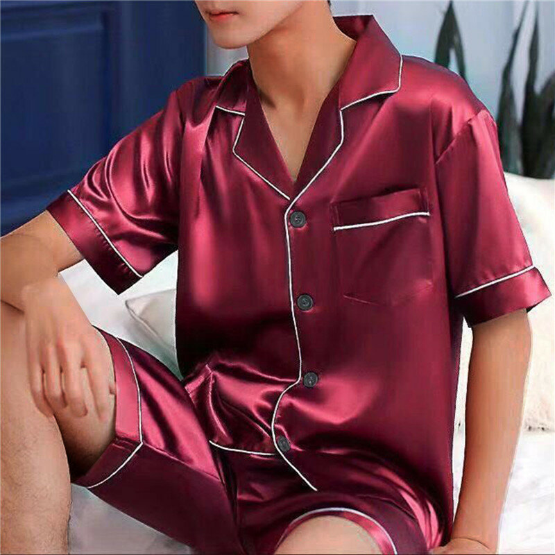 Conjunto de pijamas de seda masculino, pijamas de manga curta, noite em casa, loungewear, shorts tamanho grande, novo, verão