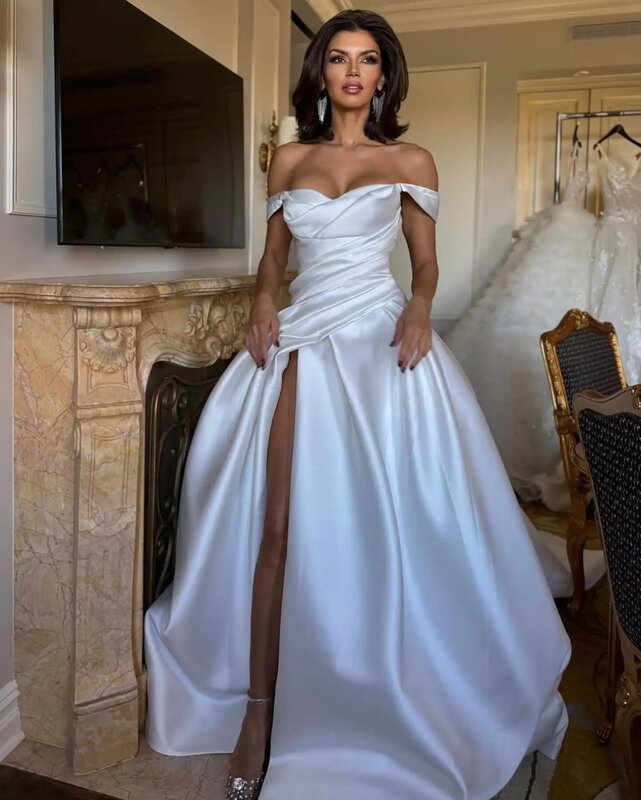 Vintage von der Schulter Falten Brautkleid Schatz hochwertige Satin eine Linie vestidos de novia maßge schneiderte Robe de elegant
